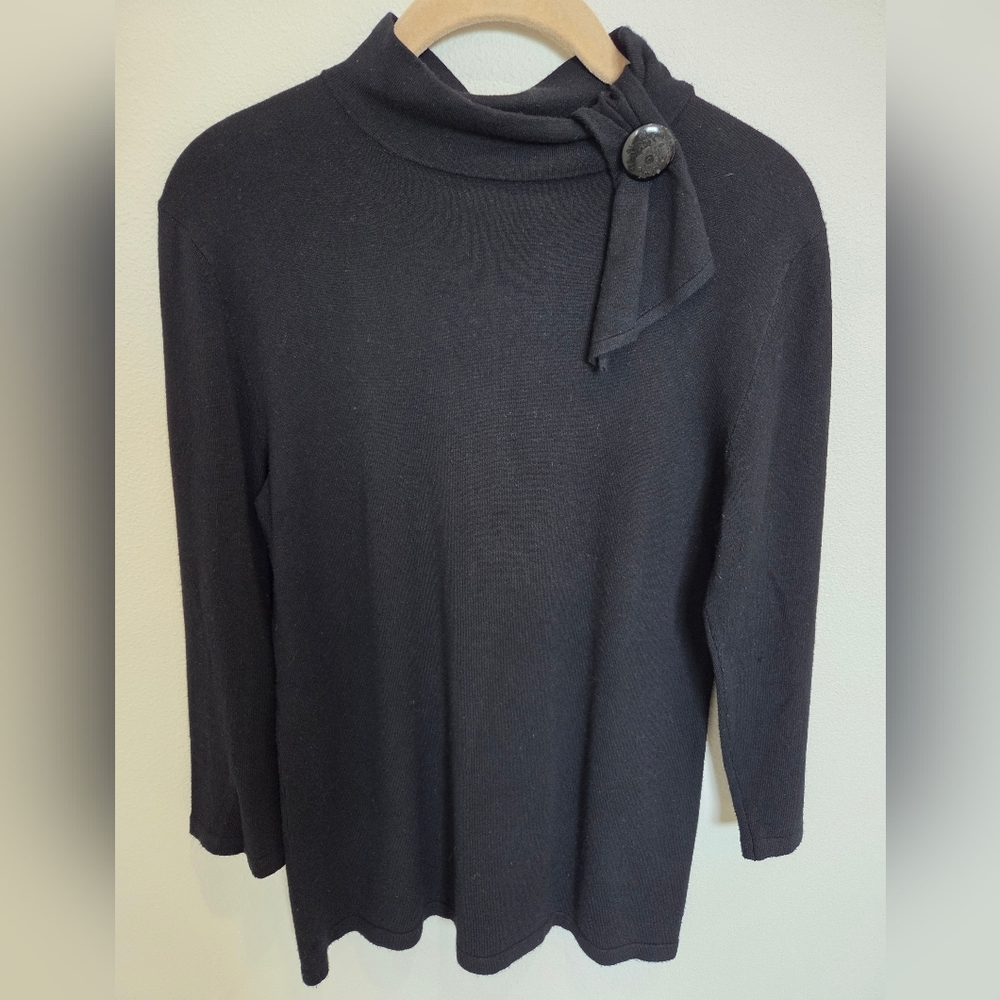 Black Lightweight Knit Sweater with Decorative Button Neck Stylized Faux Bow M